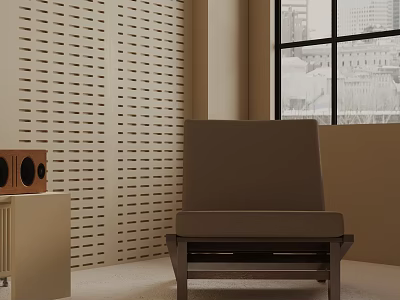Comfortable Leisure Chair In Room With Perforated Wall City View Window And Speaker On Table 3d model