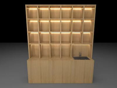 Wooden Decorative Cabinet With Multiple Layered Shelves Built In Lighting And Countertop Sink 3d model