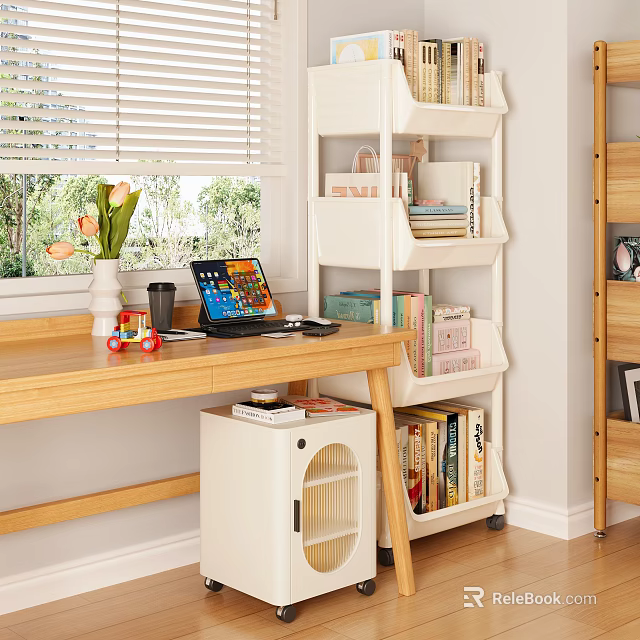 White Storage Shelf Organizer with Books Boxes Next to Wooden Desk by Window 3d model 