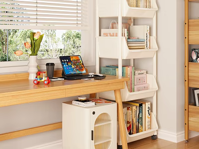 White Storage Shelf Organizer with Books Boxes Next to Wooden Desk by Window 3d model