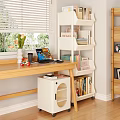 White Storage Shelf Organizer with Books Boxes Next to Wooden Desk by Window