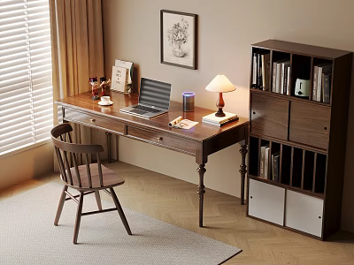 Quiet Ancient Style Desk and Chair Solid Wood Computer Desk and Chair Solid Wood Single Chair Bookcase Writing Desk Learning Desk and Chair Finished Desk Computer Decoration Combination 3d model