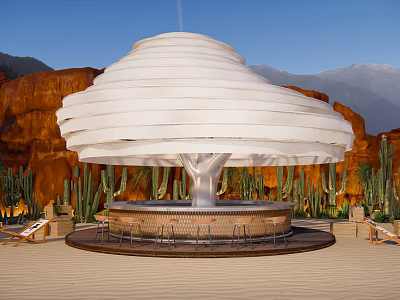 Outdoor Circular Bar With White Layered Roof Red Rock Formations And Cacti 3d model