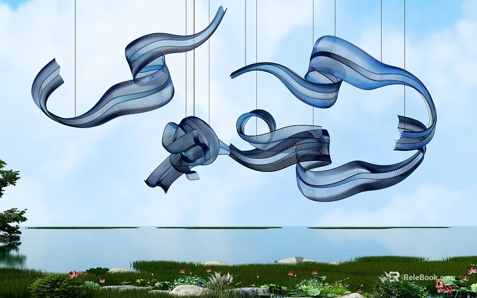 Abstract Pendant Lights with Blue and Gray Flowing Ribbon Design Over Garden Water View 3d model 