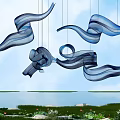 Abstract Pendant Lights with Blue and Gray Flowing Ribbon Design Over Garden Water View