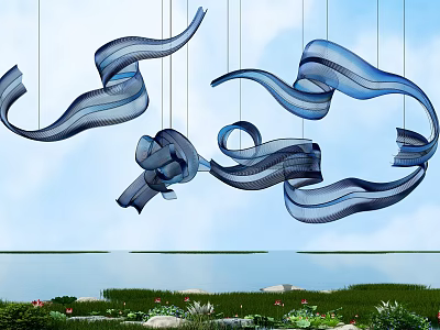 Abstract Pendant Lights with Blue and Gray Flowing Ribbon Design Over Garden Water View 3d model
