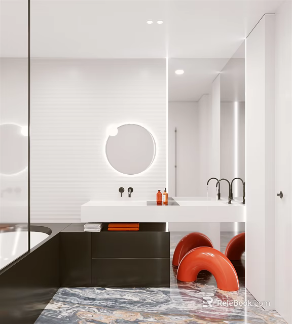 Modern Bathroom Interior With Circular Mirror Double Sink Black Countertop And Orange Chair 3d model 
