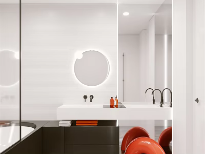 Modern Bathroom Interior With Circular Mirror Double Sink Black Countertop And Orange Chair 3d model
