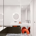 Modern Bathroom Interior With Circular Mirror Double Sink Black Countertop And Orange Chair