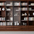 Modern Wooden Bookcase With Glass Doors Books Decorative Vases And Drawers