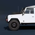 White Classic Off Road Vehicle With Rugged Exterior Yellow Headlights Black Tires And Roof Antenna