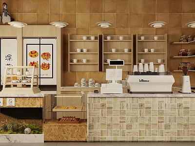 Cozy Milk Tea Shop Interior With Counter Shelves And Coffee Equipment 3d model