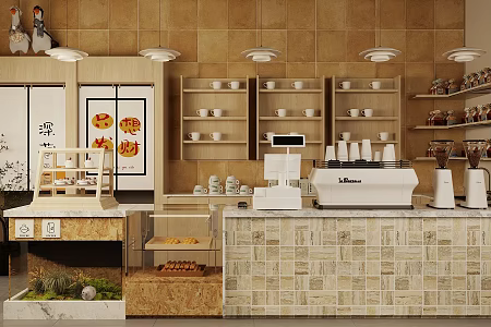 Log Wind Cafe Operator Milk Tea Shop Workbench Restaurant Water Bar Coffee Shop Workbench Cashier Front Desk Bar Stool Coffee Machine Coffee Grinder 3d model