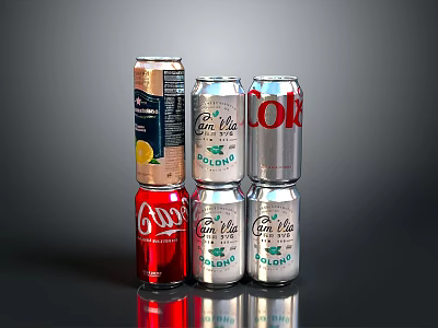 Assorted Beverage Cans Collection Featuring Coke Sprite And Gin Tonic With Lemon Slice 3d model