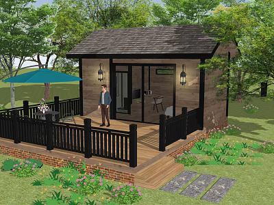 Detached House With Wooden Structure Black Railings Deck Green Lawn Trees And Blue Umbrella 3d model