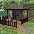 Detached House With Wooden Structure Black Railings Deck Green Lawn Trees And Blue Umbrella