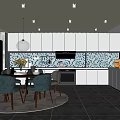 Modern Kitchen Interior Design With White Cabinets Blue Tiled Backsplash And Dining Chairs 3d model