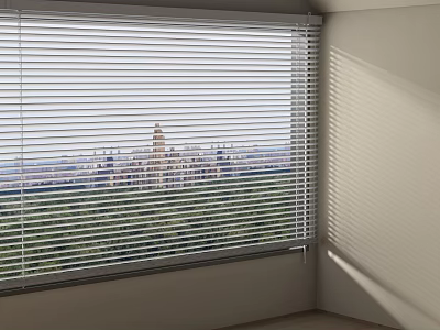 Window Blinds Filtering Sunlight In Room With City And Green Park View 3d model