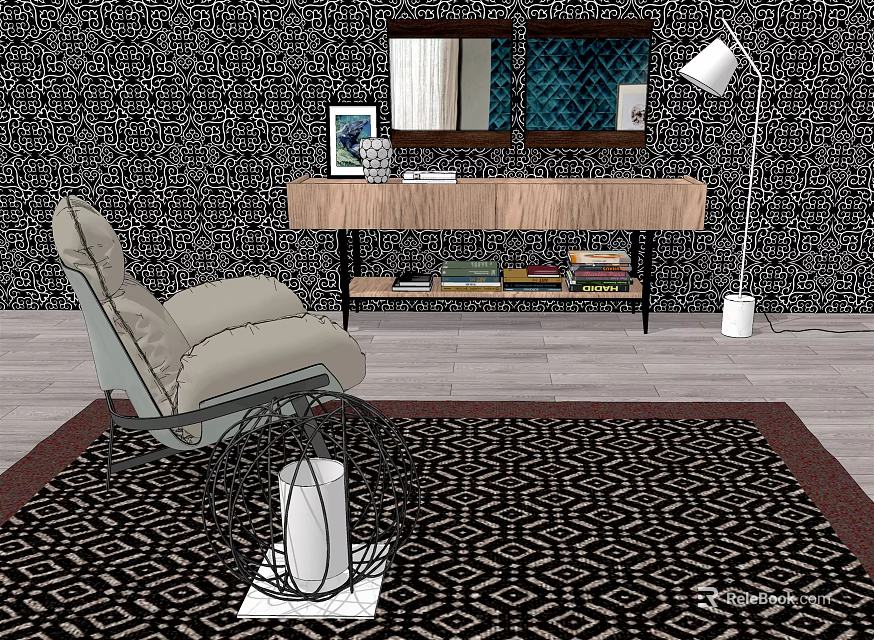 Contemporary Accent Chair Interior Design With Wooden Console Table Floor Lamp Geometric Rug And Mirror 3d model 