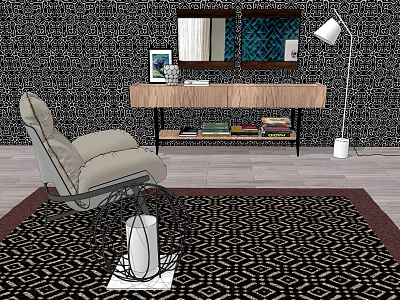 Contemporary Accent Chair Interior Design With Wooden Console Table Floor Lamp Geometric Rug And Mirror 3d model
