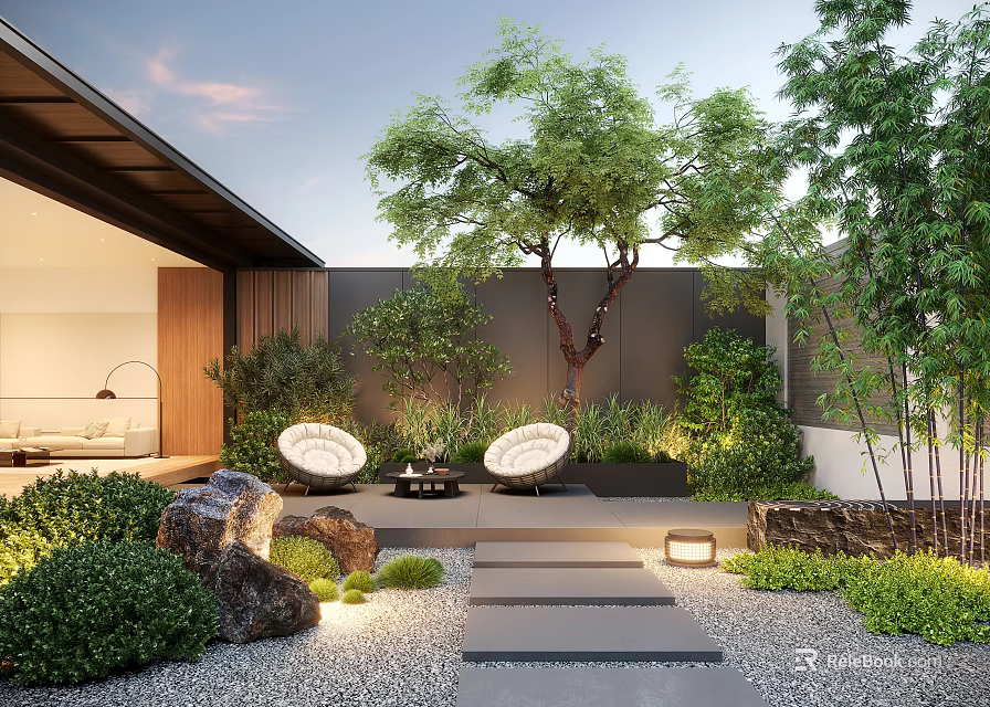 Modern Courtyard Garden Design With Stone Seating Trees Shrubs And Ambient Lighting 3d model 