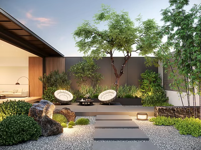 Modern Courtyard Garden Design With Stone Seating Trees Shrubs And Ambient Lighting 3d model