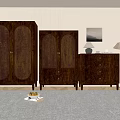 Entryway Wooden Console Cabinet And Side Cabinet With Arched Rattan Doors And Drawers