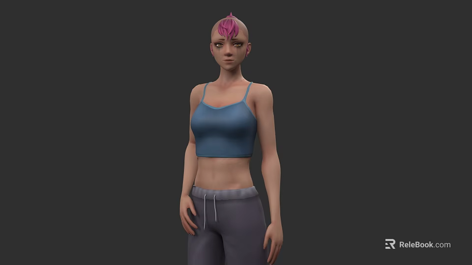 Woman With Pink Hair Wearing Blue Crop Top And Gray Sweatpants 3d model 