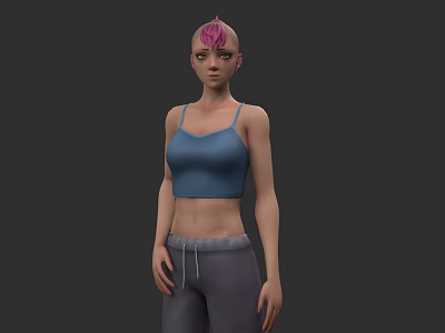 Woman With Pink Hair Wearing Blue Crop Top And Gray Sweatpants 3d model