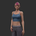 Woman With Pink Hair Wearing Blue Crop Top And Gray Sweatpants