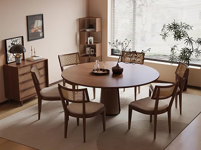 Warm Restaurant Interior With Round Wooden Dining Table Chairs Window Light And Potted Plant 3d model