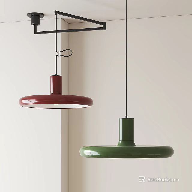 Modern Red And Green Pendant Lights With Minimalist Design Hanging On White Wall 3d model 