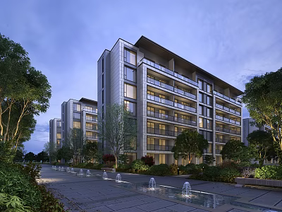 Modern Residential Building with Balconies Lush Greenery Trees Fountains and Pathway 3d model