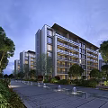 Modern Residential Building with Balconies Lush Greenery Trees Fountains and Pathway