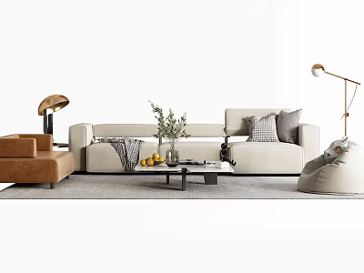 Modern Beige Sofa and Coffee Table Set with Throw Pillows Accent Chair Vase and Floor Lamp 3d model