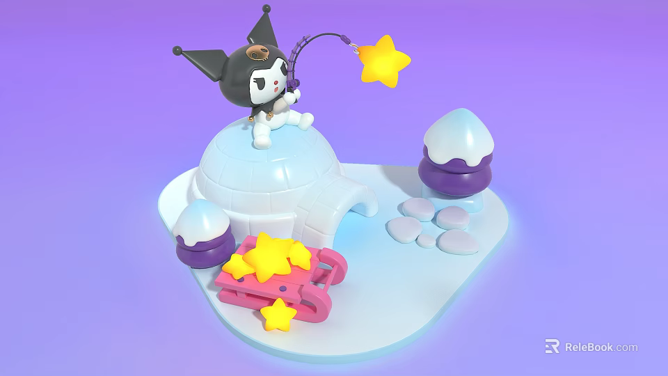 Cartoon Character Igloo Photo Spot With Yellow Stars Pink Bench And Purple Towers 3d model 