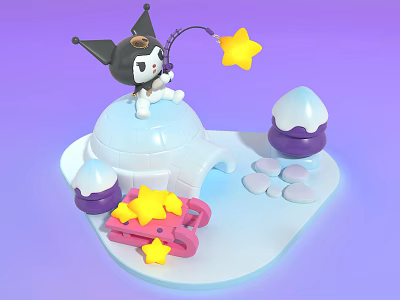 Cartoon Character Igloo Photo Spot With Yellow Stars Pink Bench And Purple Towers 3d model