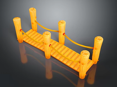 Yellow Wooden Footbridge Design With Wooden Posts Planks And Ropes 3d model