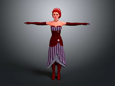 3D Character Model With Red Hair Headpiece Purple Brown Striped Dress Red Boots Arms Outstretched 3d model