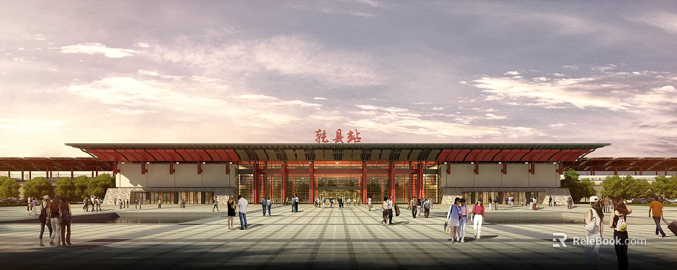 Traditional Chinese Railway Station Exterior With Red Roof Columns And Square 3d model 