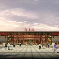 Traditional Chinese Railway Station Exterior With Red Roof Columns And Square