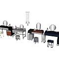 Modern Dressing Table Collection With Round Mirrors Stools And Cosmetic Accessories 3d model