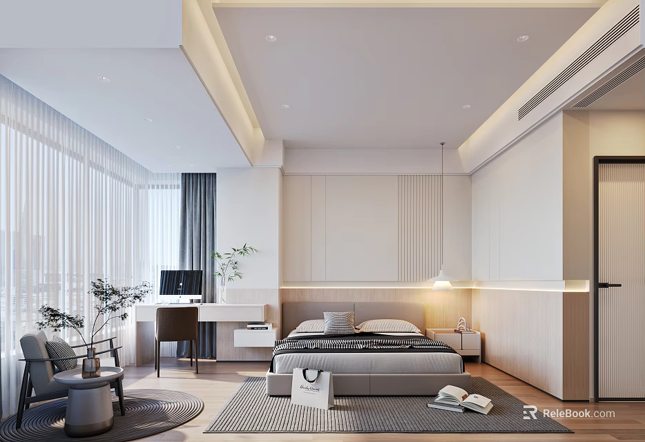 Modern Minimalist Bedroom Interior With Bed Nightstand Desk Lamp Plants And Rug 3d model 