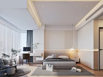 Modern Minimalist Bedroom Interior With Bed Nightstand Desk Lamp Plants And Rug 3d model