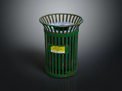 Green Metal Mesh Trash Can With Yellow Label And Open Top Structure 3d model