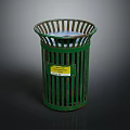 Green Metal Mesh Trash Can With Yellow Label And Open Top Structure