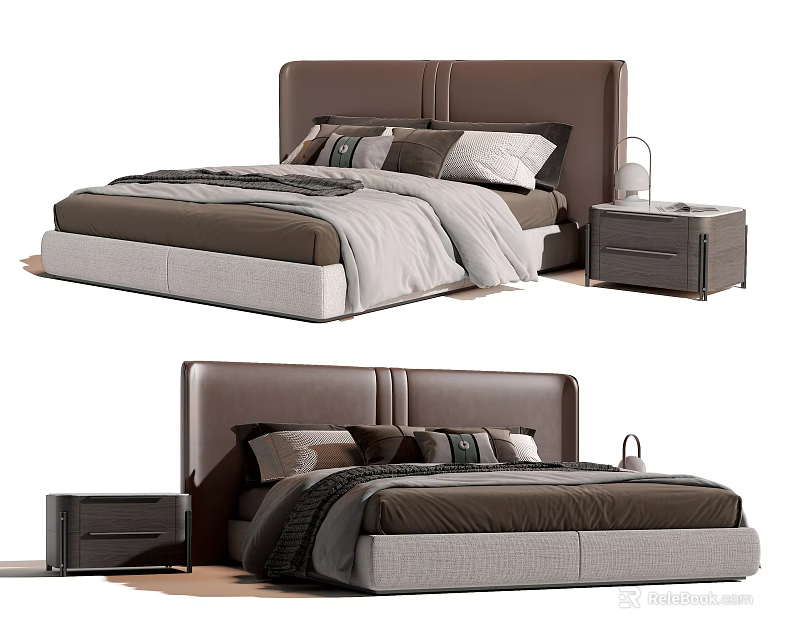 Modern Double Bed With Brown Headboard Decorative Pillows Nightstand And Lamp 3d model 