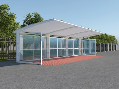 Modern Outdoor Canopy With Glass Walls And White Roof In Park Area With Trees 3d model