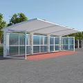 Modern Outdoor Canopy With Glass Walls And White Roof In Park Area With Trees
