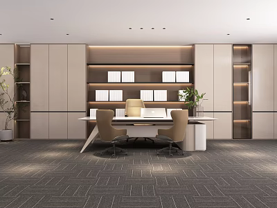 Modern Office Interior With Open Layout Desk Bookshelves Green Plants Beige Tones Gray Carpet 3d model
